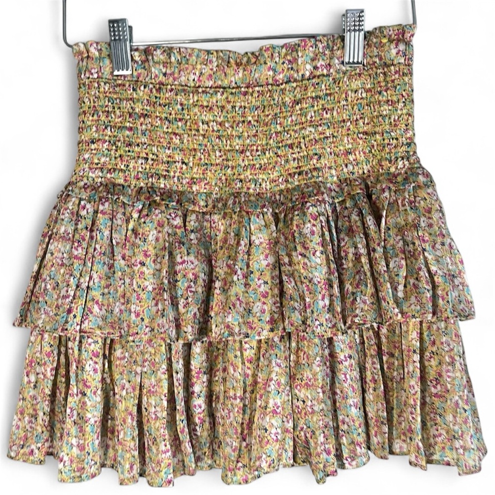Reset by Jane Floral Smocked Yellow Gold Shimmer Tiered Ruffle Mini Skirt Medium